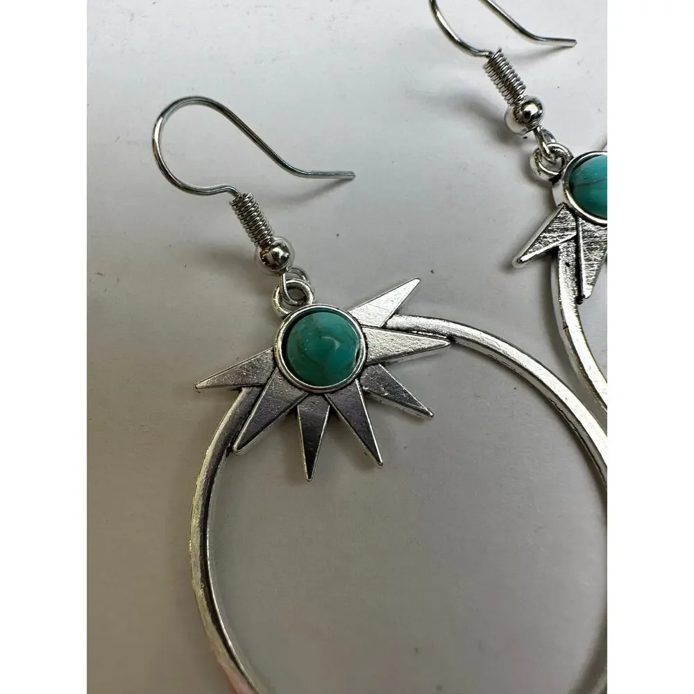 Silvertone Dangle Hoops with Star + Faux Turquoise Earrings Western Boho Cowgirl